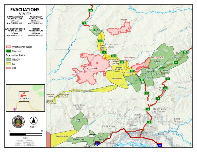Evacuation Map of Himalaya Road, Aggie Creek, and Obrien Fires for July 15, 2025