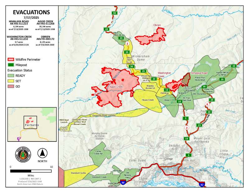 Evacuation Map of Himalaya Road, Aggie Creek, and Obrien Fires for July 17, 2025