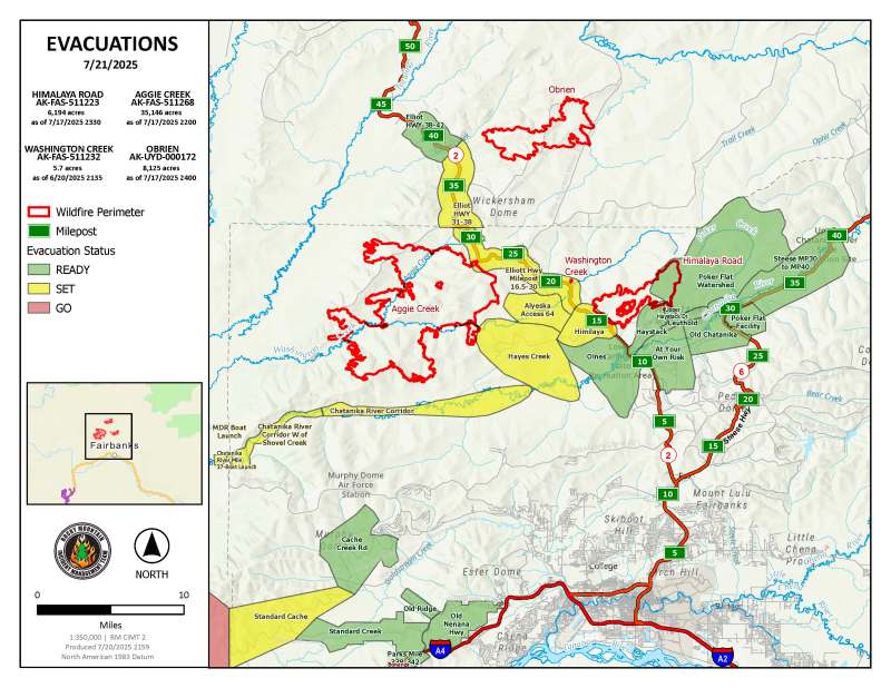 Evacuation Map of Himalaya Road, Aggie Creek, and Obrien Fires for July 21, 2025.
