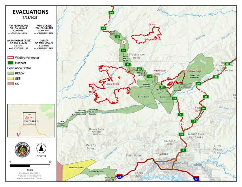 Evacuation Map of Himalaya Road, Aggie Creek, and Obrien Fires for July 23, 2025.