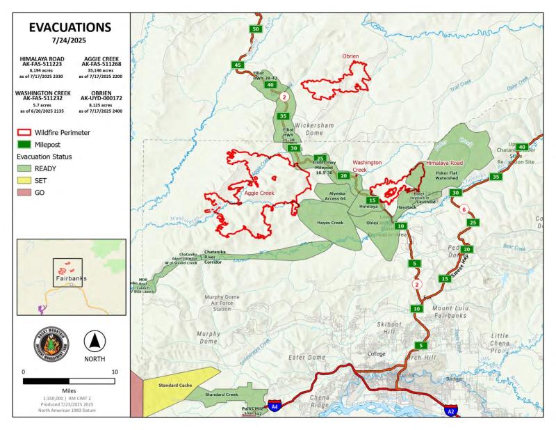 Evacuation Map of Himalaya Road, Aggie Creek, and Obrien Fires for July 24, 2025.