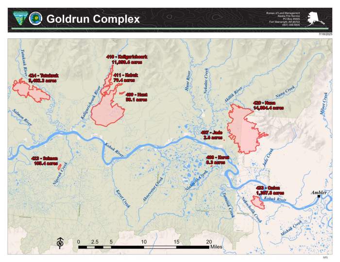 A map shows the locations of the nine fires in the Goldrun Complex in relation to the community of Ambler.