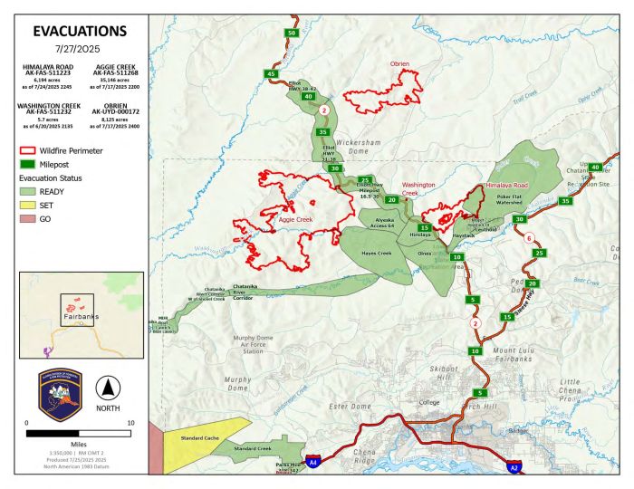 Evacuation Map for Himalaya Road, Aggie Creek, and Obrien Fires for July 27, 2025.