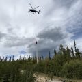 A helicopter hovers above a forested area with a water bucket dangling from a long line, while a firefighter observes from below.