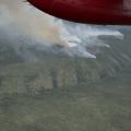 A view outside of a plane of the Polly Fire. A turbine is partially visible. Smoke rises in the distance, pushed to the left of the image. The Taylor highway is present but obscured by trees.