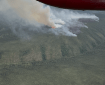A view outside of a plane of the Polly Fire. A turbine is partially visible. Smoke rises in the distance, pushed to the left of the image. The Taylor highway is present but obscured by trees.