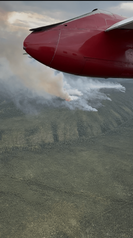A view outside of a plane of the Polly Fire. A turbine is partially visible. Smoke rises in the distance, pushed to the left of the image. The Taylor highway is present but obscured by trees.