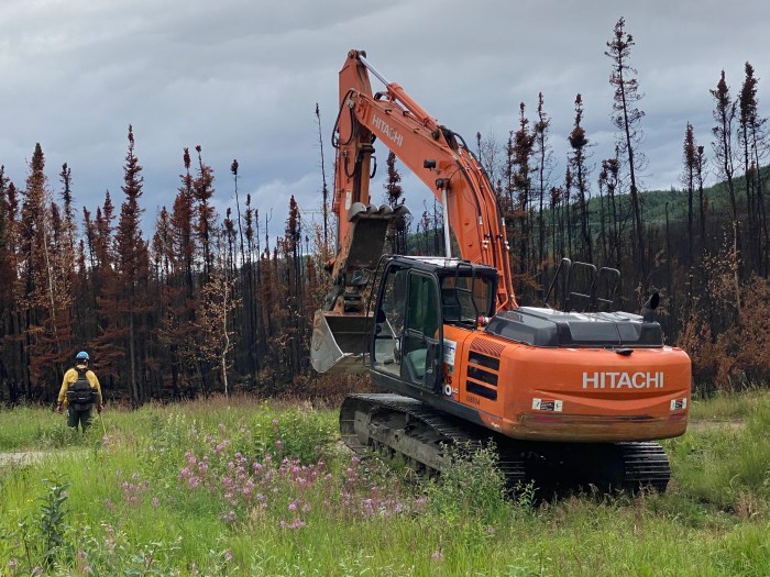A heavy equipment boss scouts a path for a medium sized excavator with a line of burned trees in the background.