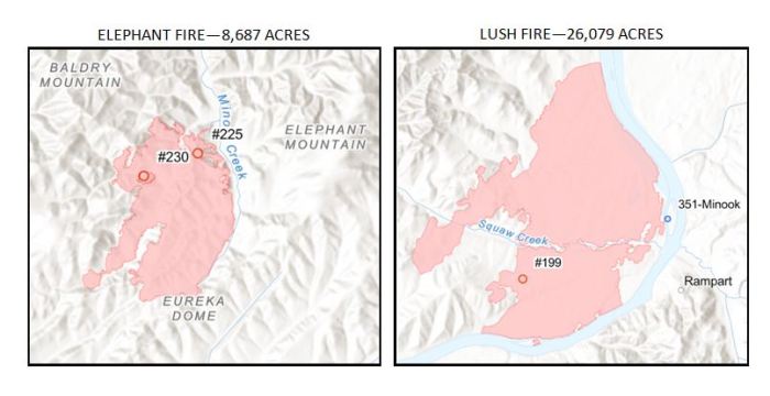 Maps show current size and location of Elephant and Lush fires. Red shaded area notes the current fire footprint. Water features and towns are also noted.