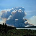 A smoke plume rises on the Lush Fire (#199). The fire is very active and pushing towards the southwest corner of the fire. The plume is rising straight up the Yukon River is on the bottom of the photograph.
