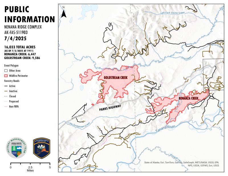 Map of Nenana Ridge complex fires on July 4, 2025