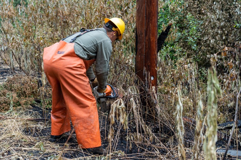 Golden Valley Electric crew member working to restore power on the Nenana Ridge Complex July 10th 2025