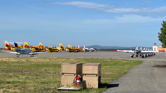 Small aircraft are parked in two lines on a runway.