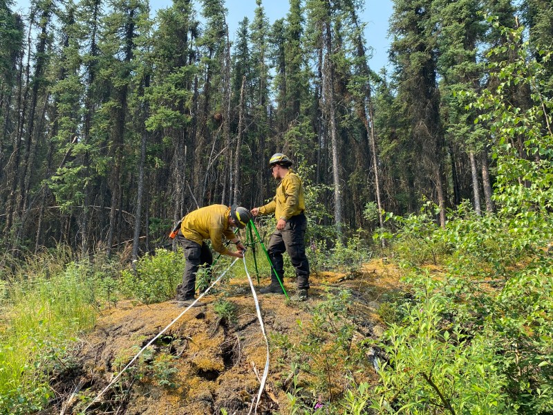 Two wildland firefighters in yellow nomex and hardhats set up a sprinkler in front of a forest
