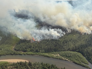 Smoke billows from trees burning along the river.