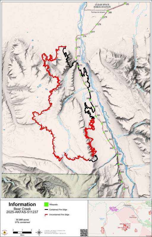 A map depicting the location and extent of the Bear Creek fire.