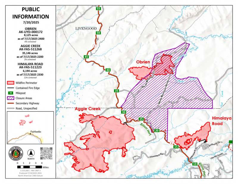 Area Map of Himalaya Road, Aggie Creek, and Obrien Fires for July 20, 2025
