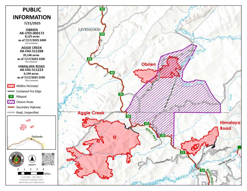 Area Map of Himalaya Road, Aggie Creek, and Obrien Fires for July 21, 2025