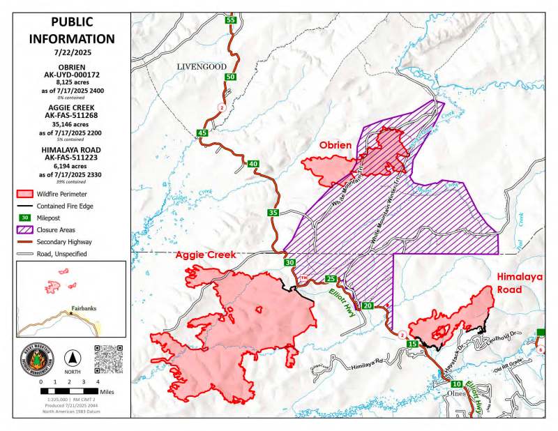 Area Map of Himalaya Road, Aggie Creek, and Obrien Fires for July 22, 2025