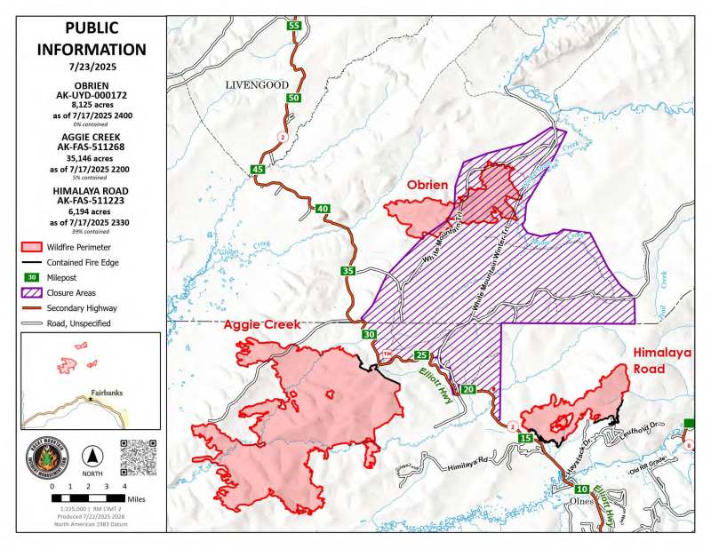 Area Map of Himalaya Road, Aggie Creek, and Obrien Fires for July 23, 2025