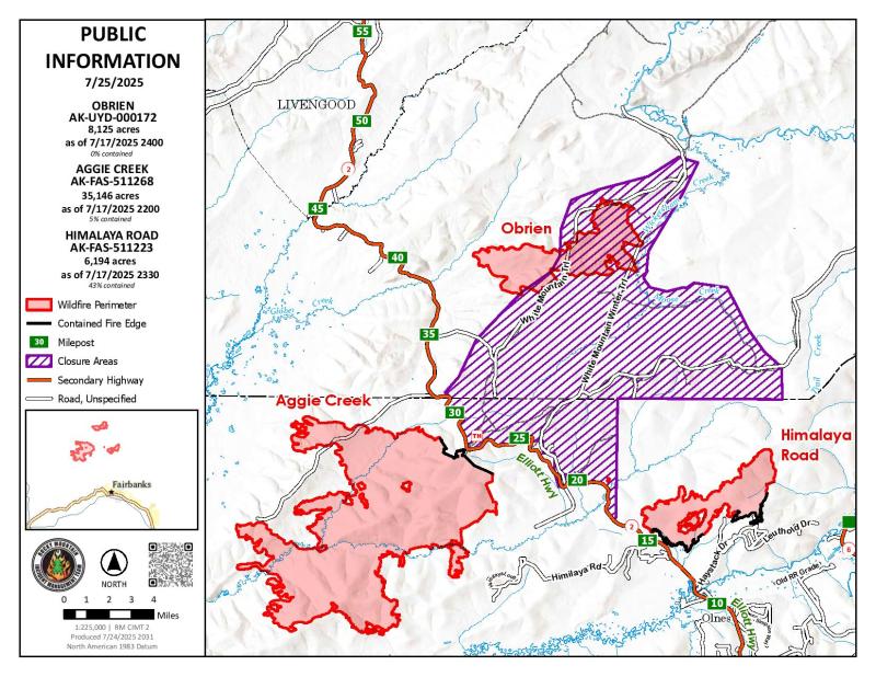 Area Map of Himalaya Road, Aggie Creek, and Obrien Fires for July 25, 2025