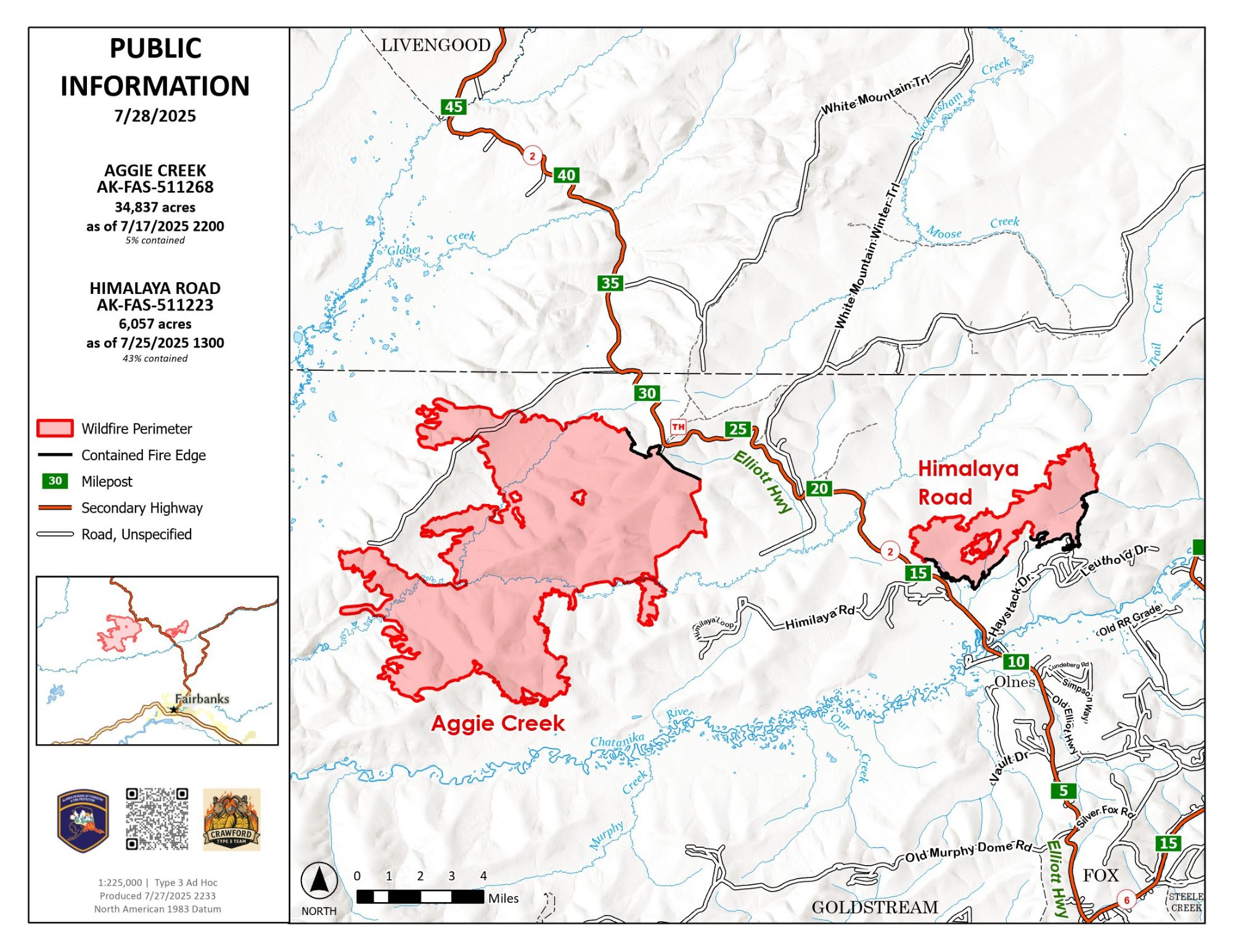 Area Map for Himalaya Road Fire and Aggie Creek Fire for July 28, 2025