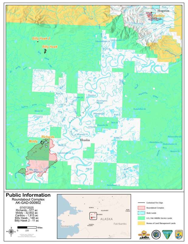 Map of Roundabout Complex for July 7, 2025. The Caribou Fire is in the northeast. The Moldy and Richards Fires are in the southwest. The Billy Hawk and Billy Hawk 2 Fires are in the northwest.