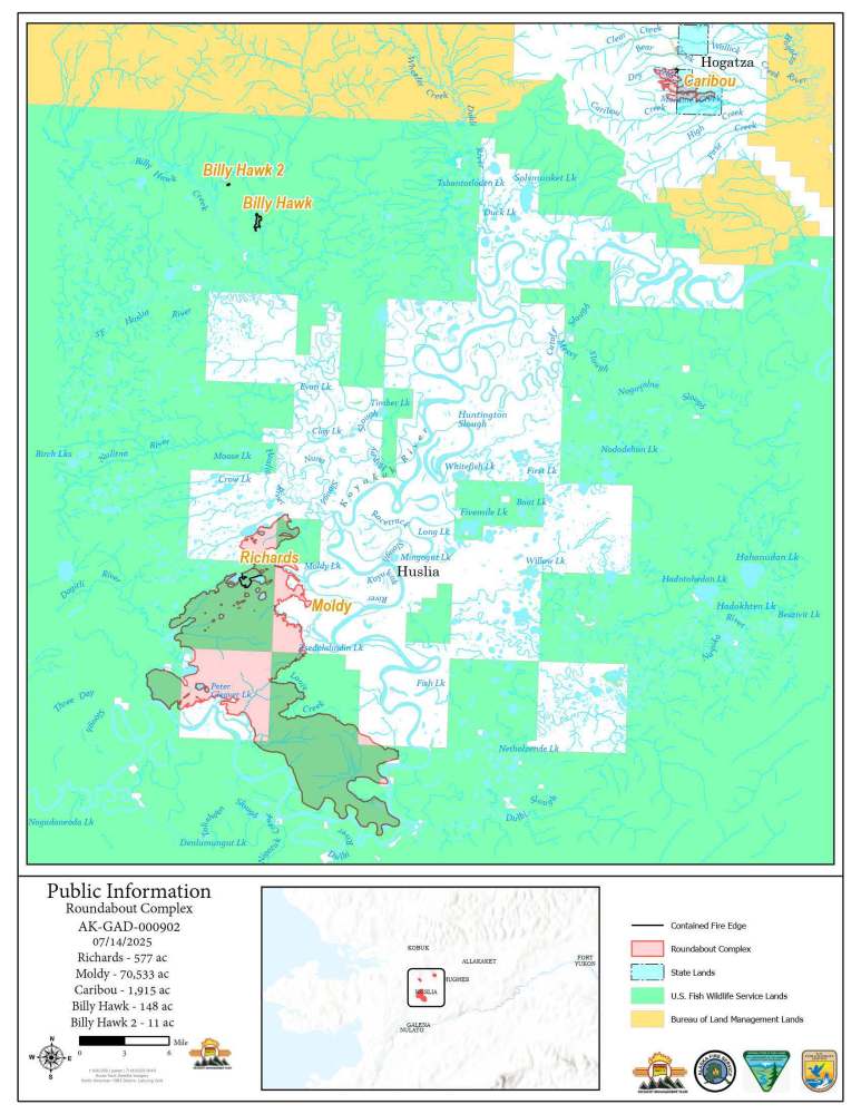 Image shows a map of the 73,185-acre Roundabout Complex for July 14, 2025. Map is mostly green with pink areas identifying individual fires. The Caribou Fire is in the northeast. The Moldy and Richards Fires are in the southwest. The Billy Hawk and Billy Hawk 2 Fires are in the northwest. The Moldy Fire is the largest on the map, at 70,533 acres.