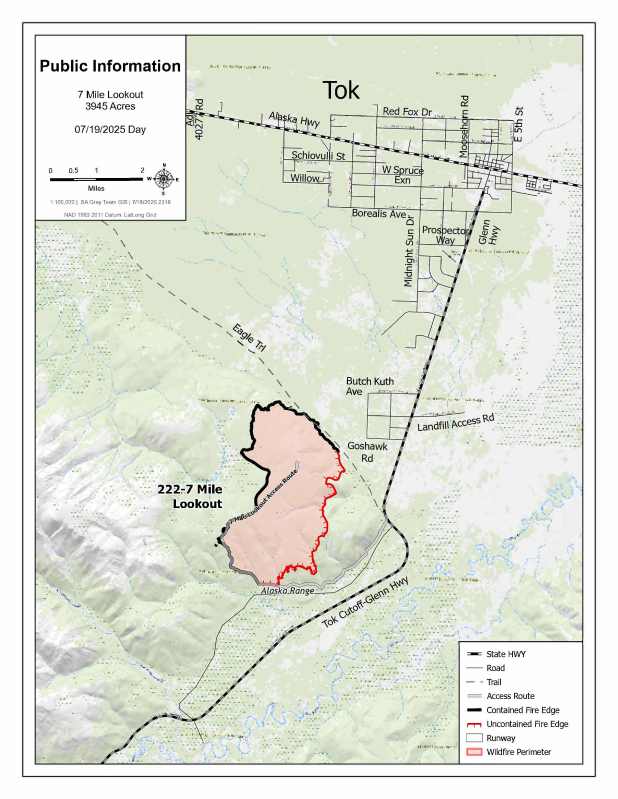 Area map of the of the 7 Mile Lookout Fire and the Tok River Fire for July 18
