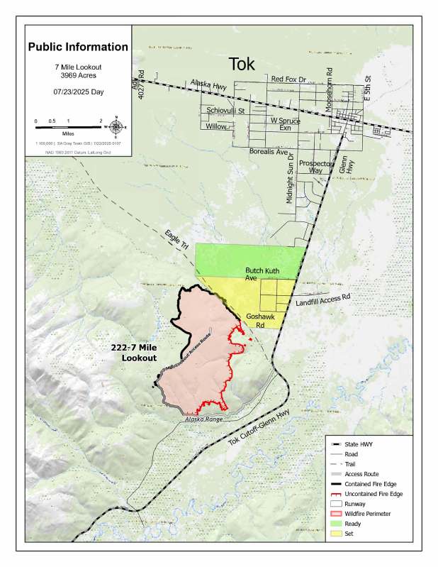 Map showing the 7 Mile Lookout Fire (#222) location, affected areas, evacuation levels, and key landmarks around Tok, AK.