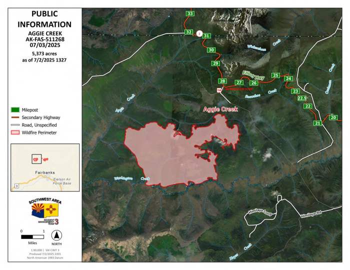 July 3, 2025 map of the Aggie Creek Fire showing fire perimeter, homes, roads
