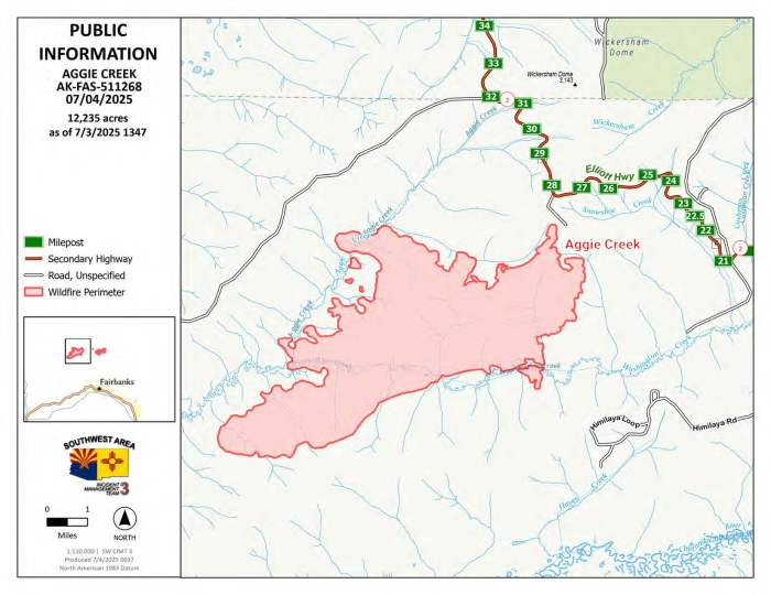 Fire map of the Aggie Creek Fire showing fire growth in a red border, Elliott Highway and other roadways 