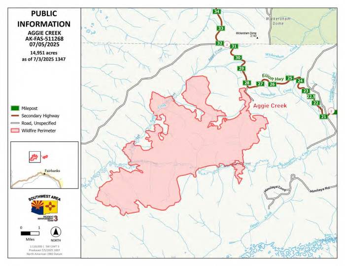 Fire map for the Aggie Creek Fire showing perimeter roads, structures and communities