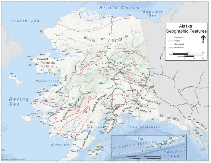 Map of Alaska identifying geographic features with regions circled in red and other common references identifed. 