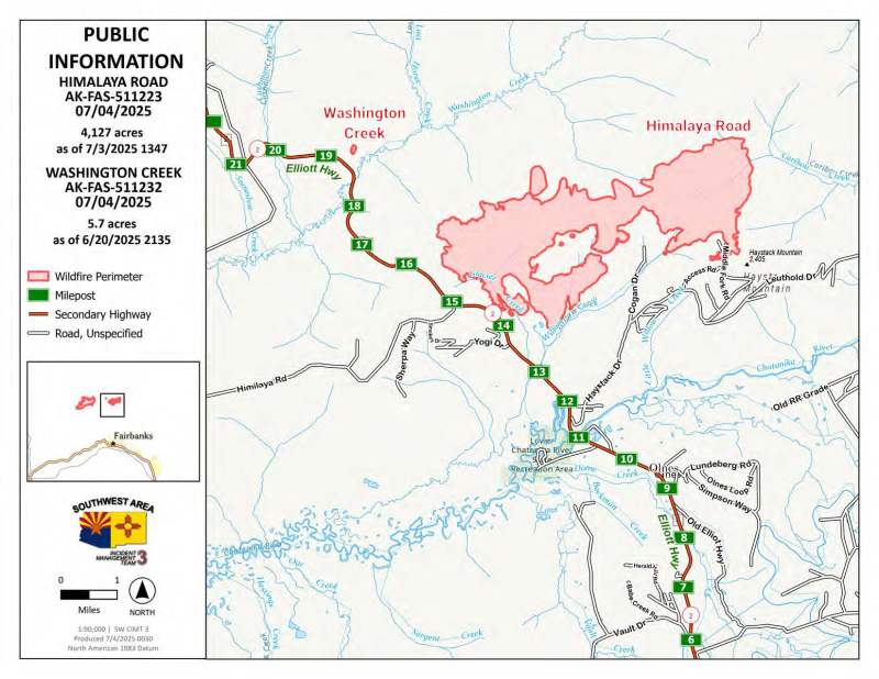 A map of the washington creek and Himalaya Road fires