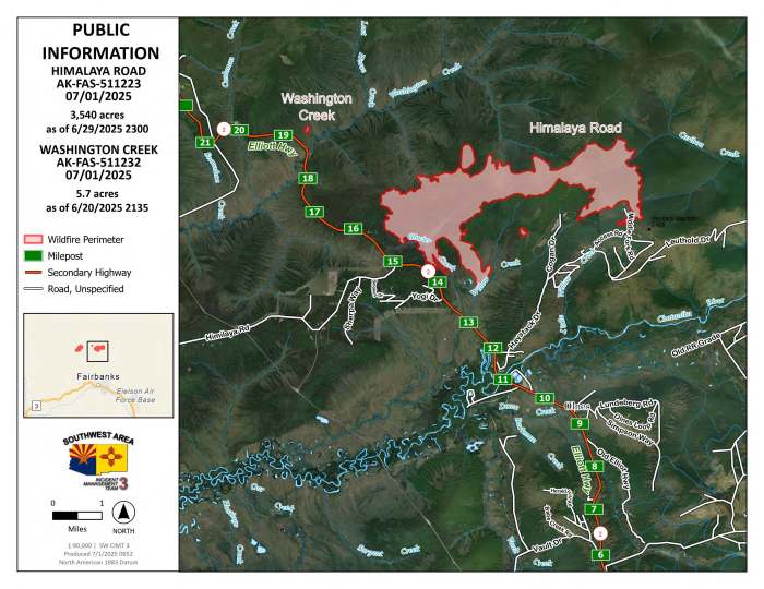 Topo map showing the perimeter of the Himalaya Road Fire, Washington Creek, community roads, Elliott Highway and mile markers. The much smaller Washington Creek fire is also depicted with a small red dot.
