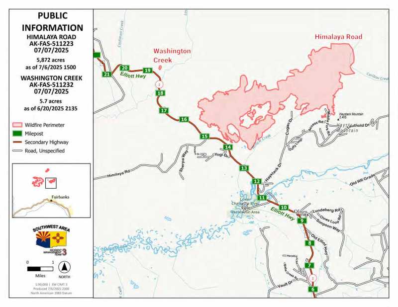 A map of the Washington creek and Himalaya Road fires