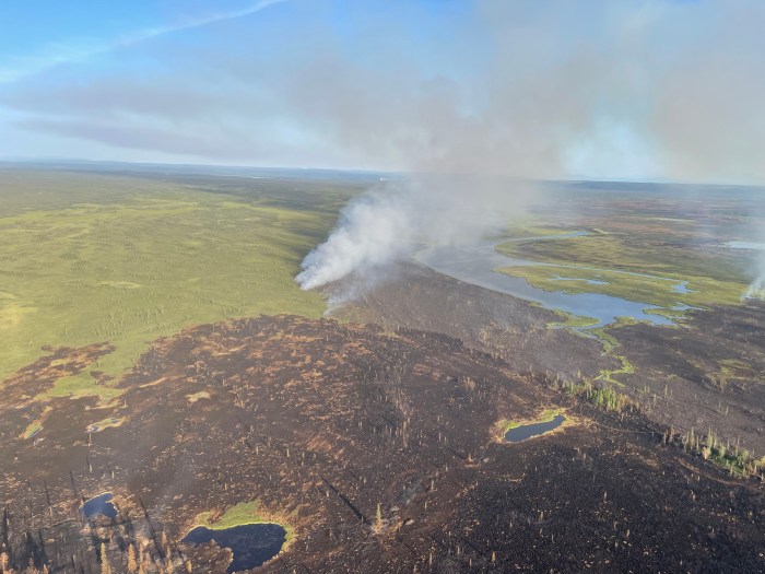 An aerial viewpoint of a landscape effected by fire. The lower half of the image is black, fire burnt. There are several small lakes surrounded by the burnt land. The top half of is green, covered by trees, with a river. A smoke column comes from where the black and green meet, trailing to the right of the image.