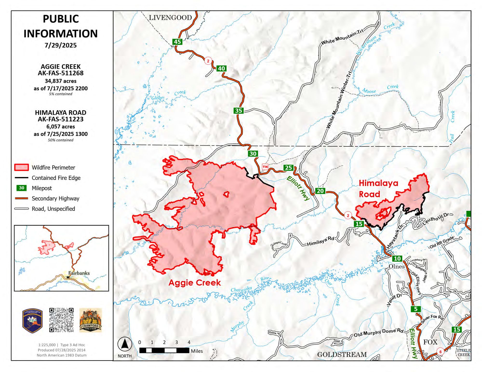 Area Map for Himalaya Road Fire and Aggie Creek Fire for July 29, 2025. View printable PDF
