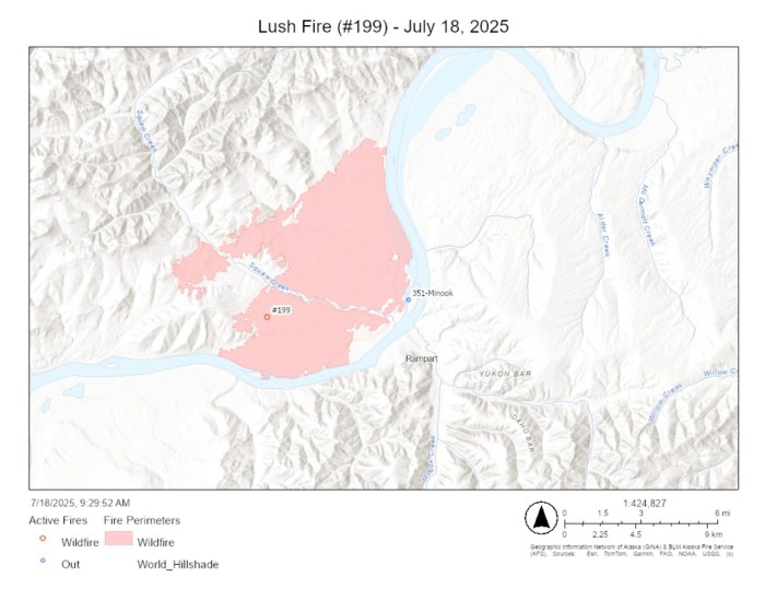 Map shows the entire perimeter of the Lush Fire (#199) for July 18, 2025.
