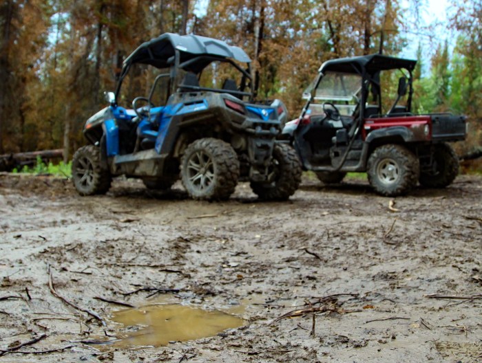 Two UTVs are parked near a wooded area that has recently been charred by fire. The UTV on the left is blue and black, while the one on the right is red and black. The ground is muddy and brown. A puddle of muddy water is the foreground and focus of the photo.