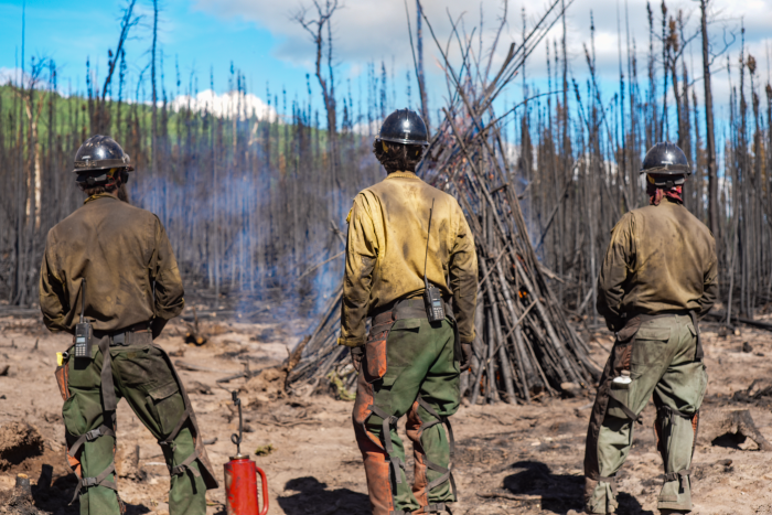 Three firefighters in fire gear stand with their backs to the camera, observing a tall pile of burning tree limbs and brush near the 7 Mile Lookout Fire.
