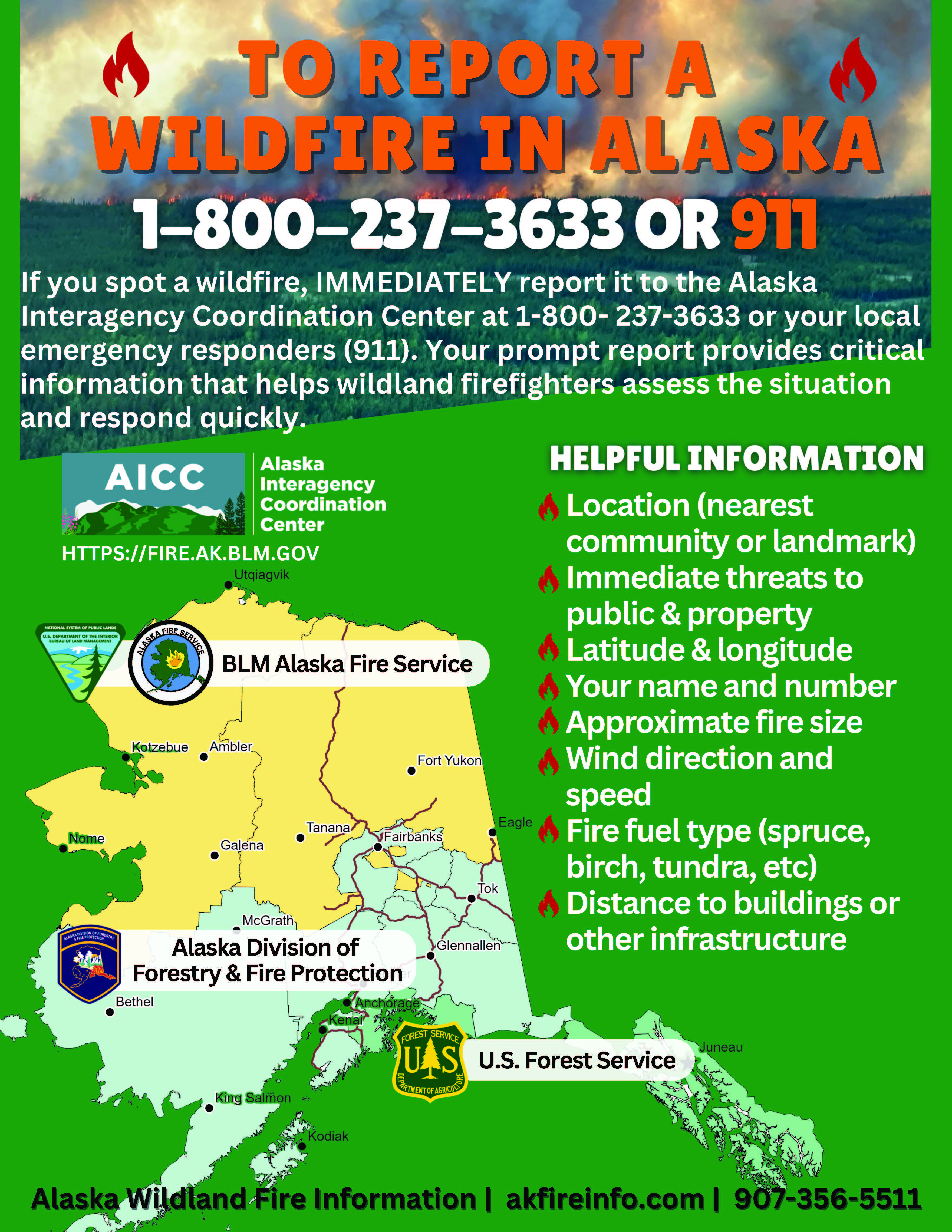 Flier showing map of Alaska and text on how to report wildfires with a photo of a forest fire at the top.