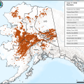 A mostly black and white map of Alaska with with thousands of red dots representing recorded lightning ground strikes across the state stretching from the Canadian border on the right to the far northwest corner of the state on the top left. A key on the right lists the break up of 15,718 lightning strikes between the different parts of the state.