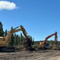 Two excavators work next to each other spreading vegetative material on exposed soil in a forested area.