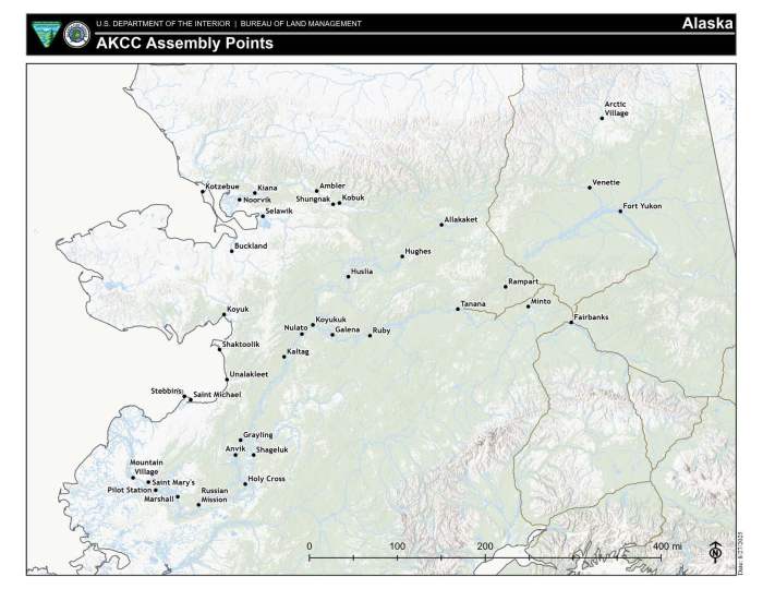 Map of northern and Interior Alaska with 37 communities identified.