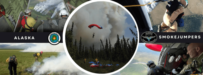 Graphic featuring five photos of Alaska smokejumpers in action from looking out of an airplane at the fire on the ground, to jumping out of an airplane, to a parachuted descent with a smoke column in the background, and firefighters using beaters to try to beat out the edges of a tundra fire.
