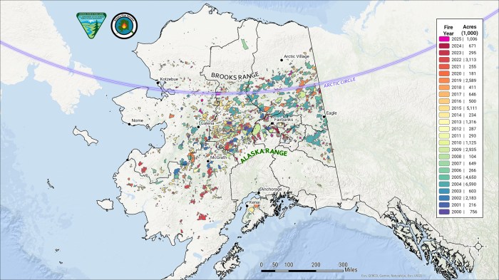 Map of Alaska showing the Arctic Circle and fire history from 2000-2025 in different colors that matches each year as described in the key.
