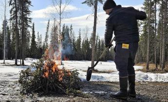 Person tends to small woody debris burn on gravel with an Alaska Burn Permit in their back pocket.