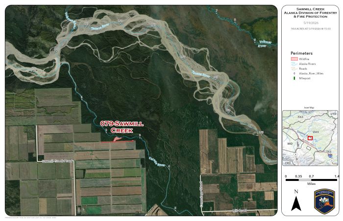 Map showing the location and perimeter of a wildland fire.